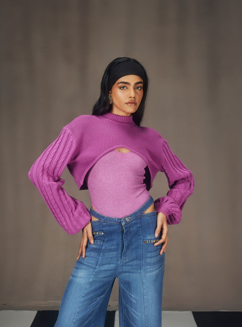 Caprice Purple Super-Cropped Sweater, Bodysuit, and Cutout Denim Embellished Pants Set.