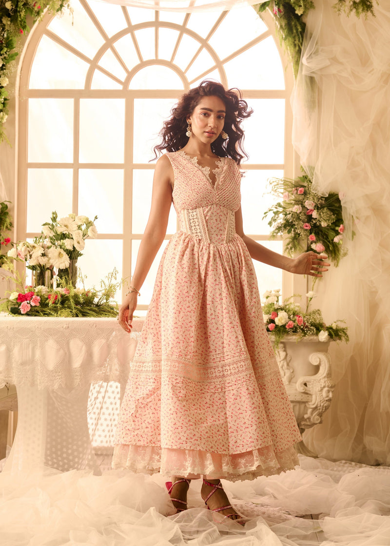 Carmine Baby Pink Floral Printed Corset Maxi Dress – Lea Clothing Co