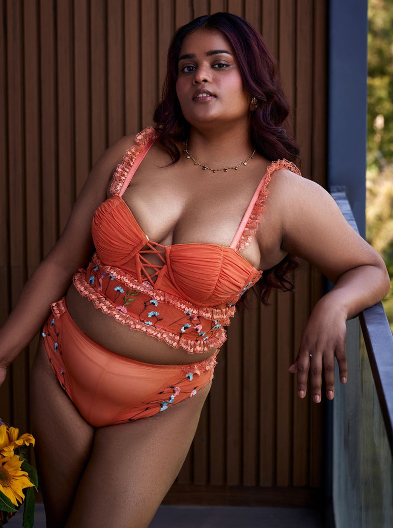 "Cassandra Orange Floral Embroidered High-Rise Briefs with Intricate Detail."