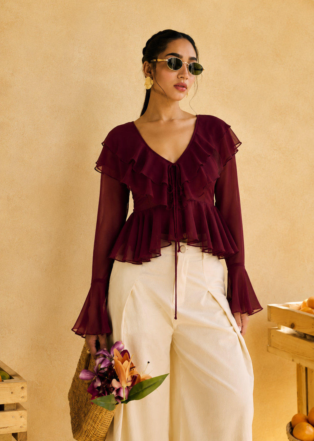 Briar Burgundy Georgette Ruffled Boho Blouse