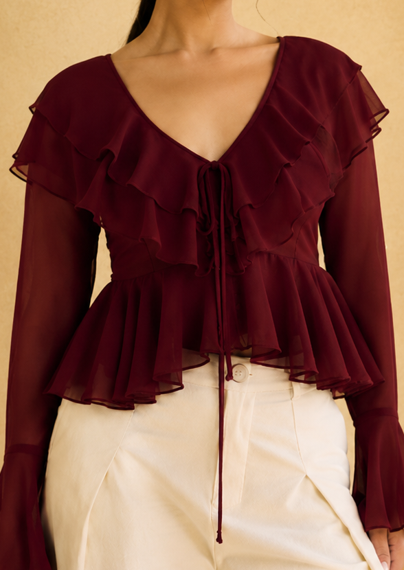 Briar Burgundy Georgette Ruffled Boho Blouse