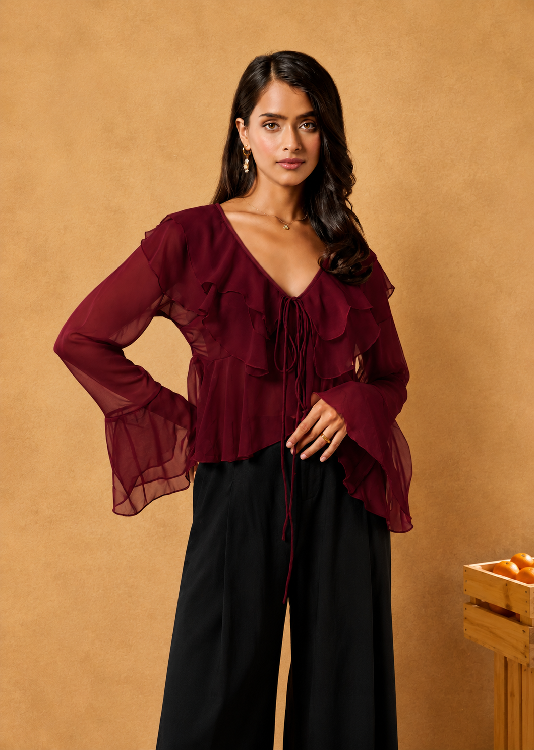 Briar Burgundy Georgette Ruffled Boho Blouse