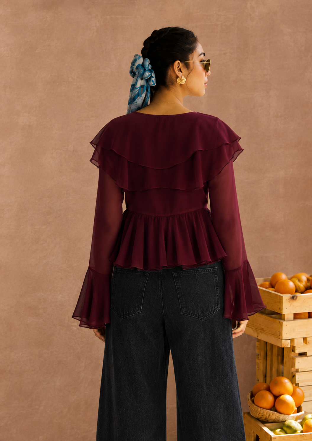 Briar Burgundy Georgette Ruffled Boho Blouse