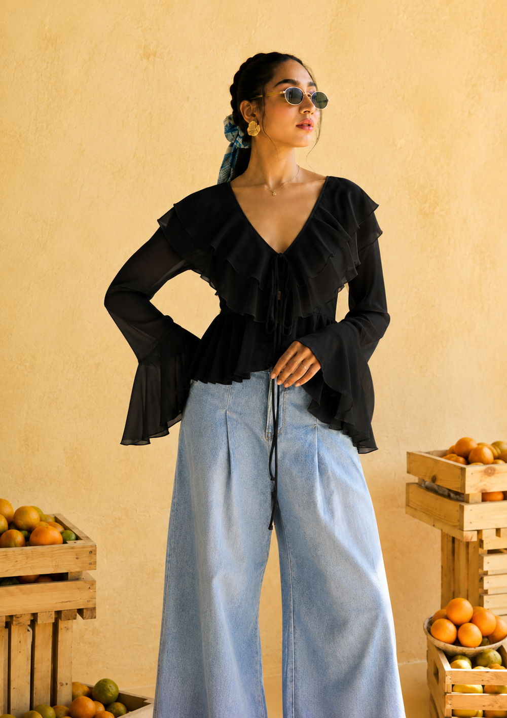 Briar Black Georgette Ruffled Boho Blouse