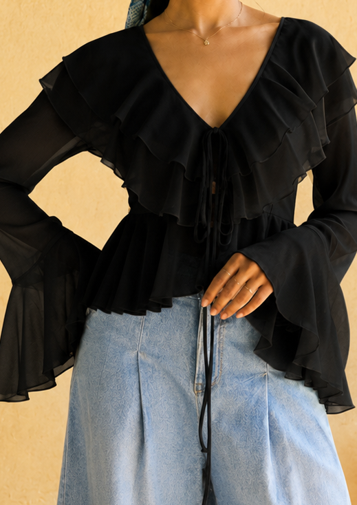 Briar Black Georgette Ruffled Boho Blouse