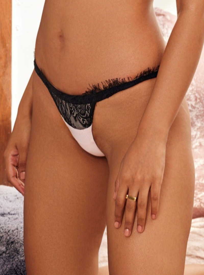 "Chic Clementine Black Pink Lace Tanga Bottoms with Delicate Detailing."