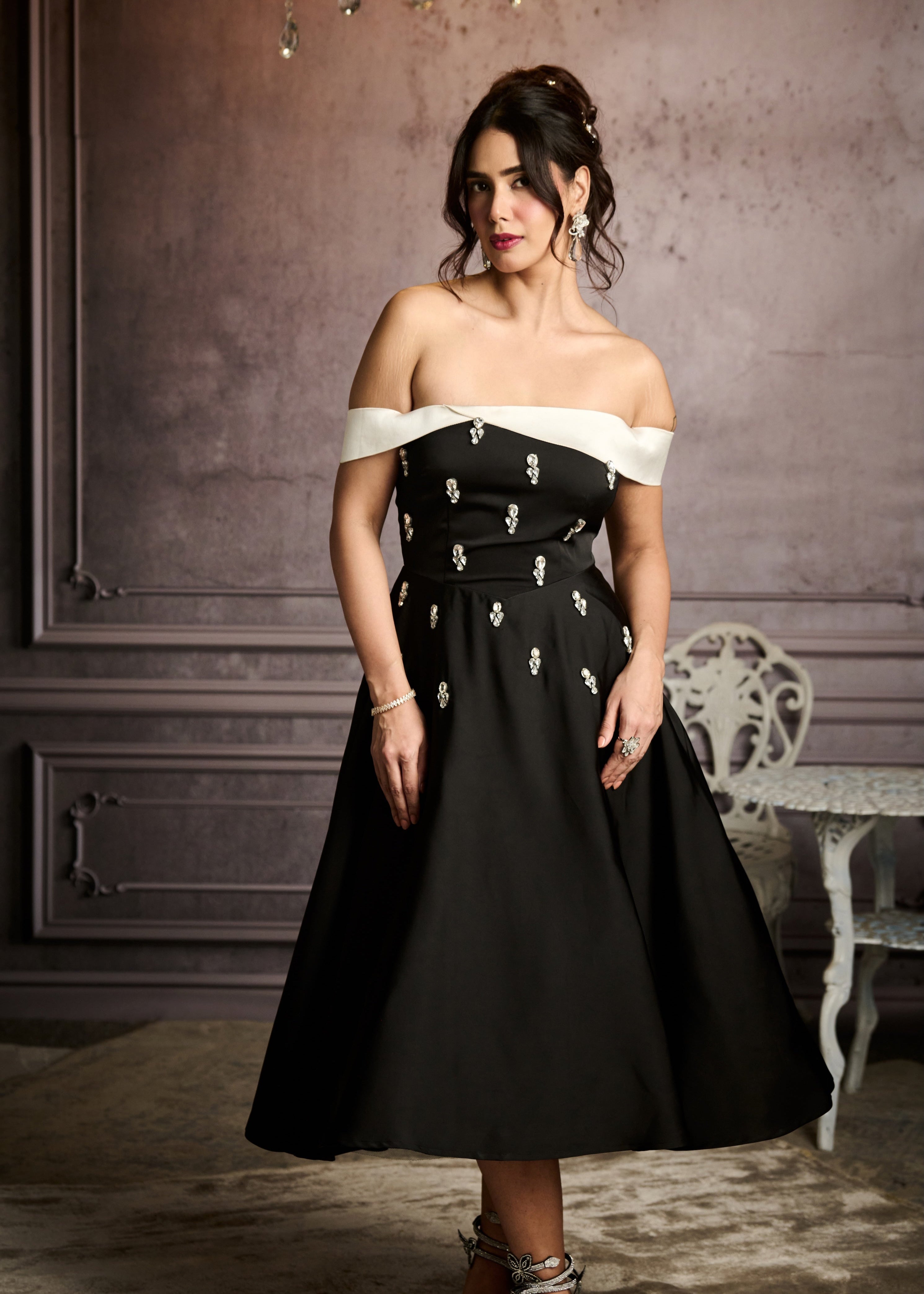 Cristina Black Crystal Hand-Embellished A-Line Satin Midi Dress
