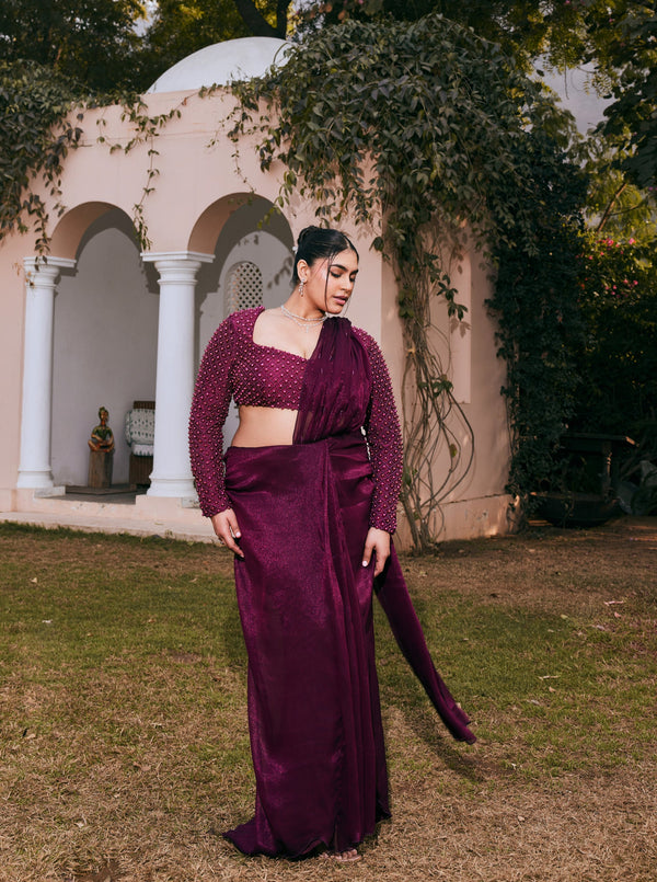 Dania Plum Chiffon Pre-Draped Saree Set in rich plum chiffon with a convenient pre-draped style