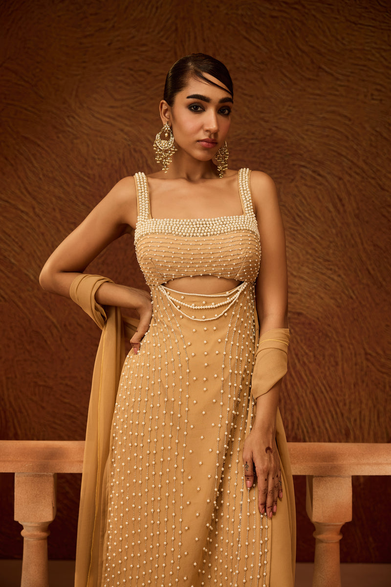 Devashri Beige Pearl Embroidered Kurta Set
