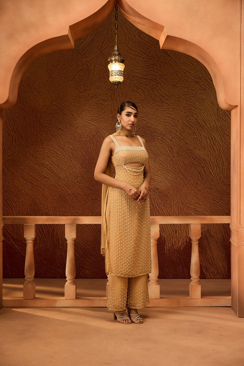 Devashri Beige Pearl Embroidered Kurta Set
