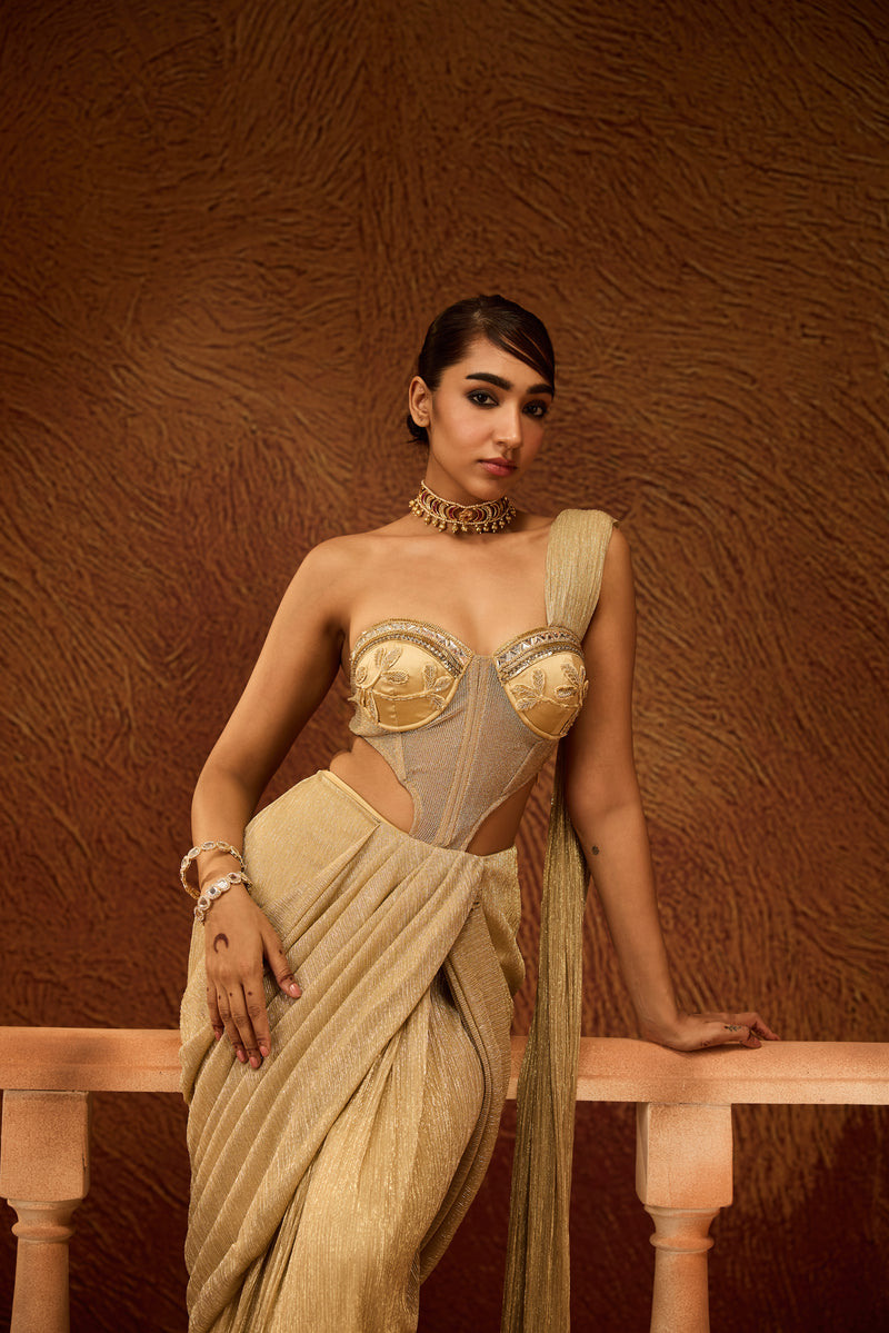 Dyuti Gold Shimmer Pre-Draped Saree Gown
