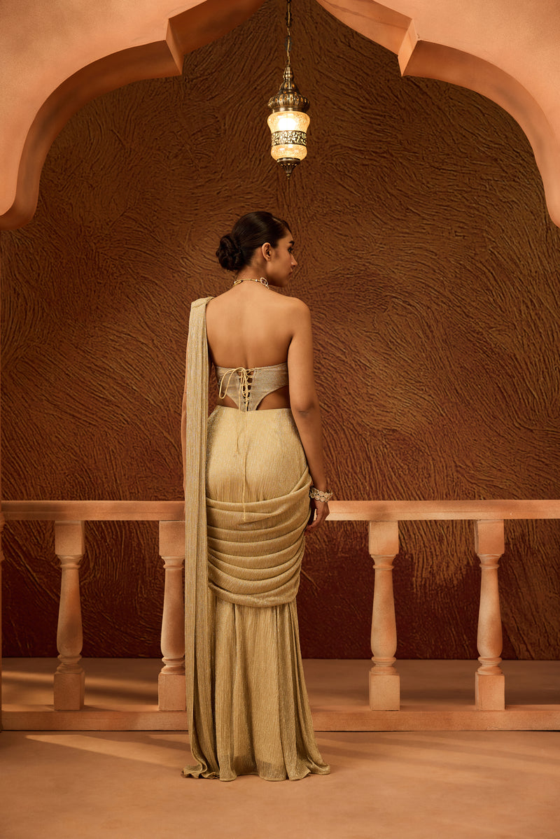 Dyuti Gold Shimmer Pre-Draped Saree Gown
