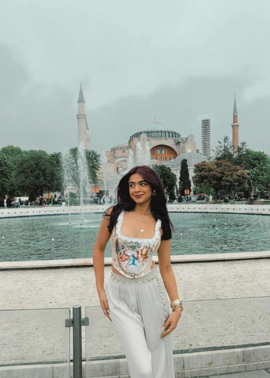 Evangeline Grecian Print Corset Top featuring a classic Grecian-inspired print and structured design