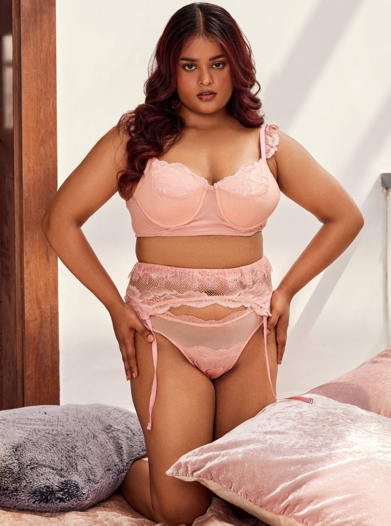 "Evelyn Baby Pink Lace Garter and Briefs with Delicate Detailing."