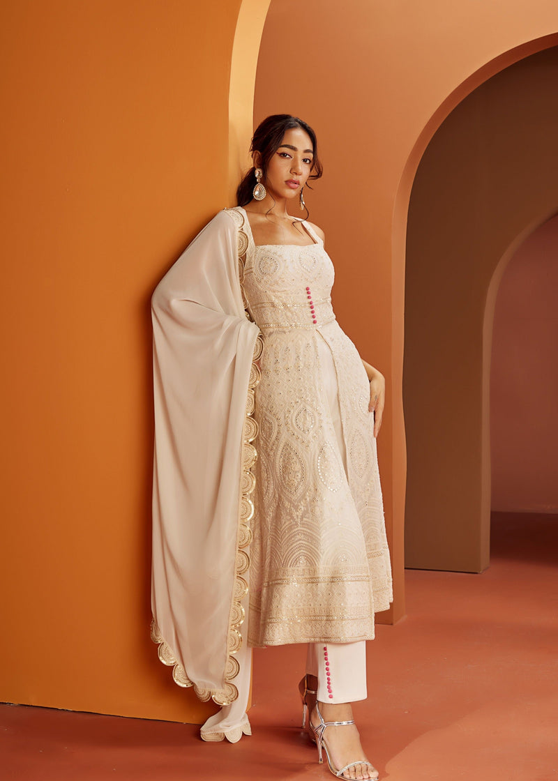 Falak White Embroidered Georgette Anarkali Suit Set Lea Clothing Co. Falak White Embroidered Georgette Anarkali Suit Set Lea Clothing Co.