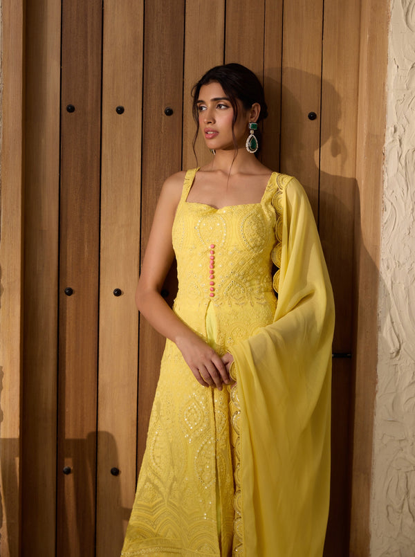 Falak Yellow Embroidered Georgette Anarkali Suit Set with intricate embroidery and a flowing Anarkali design