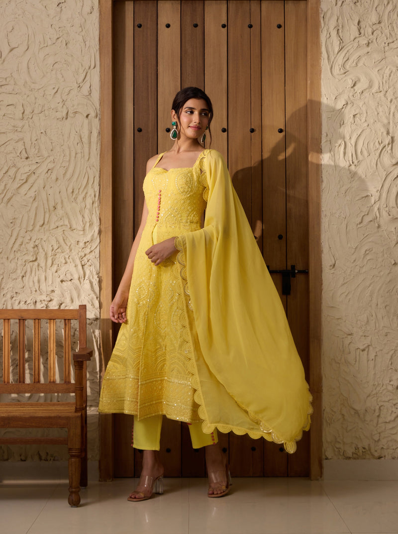 Falak Yellow Embroidered Georgette Anarkali Suit Set with intricate embroidery and a flowing Anarkali design