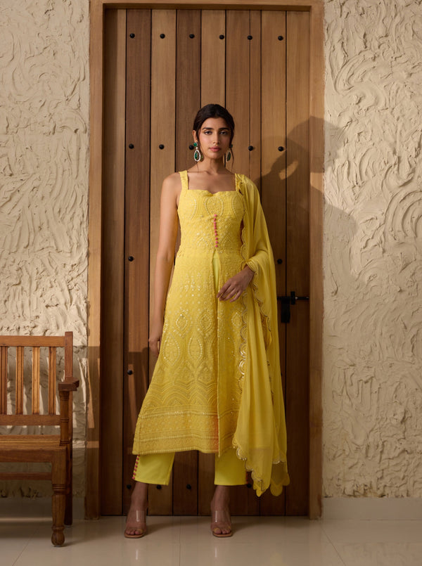 Falak Yellow Embroidered Georgette Anarkali Suit Set with intricate embroidery and a flowing Anarkali design