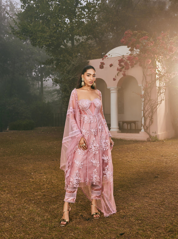 Fariha Blush Pink Embroidered Corset Anarkali Suit Set with delicate blush pink embroidery and a stylish corset design