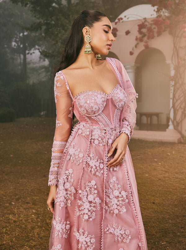 Fariha Blush Pink Embroidered Corset Anarkali Suit Set with delicate blush pink embroidery and a stylish corset design