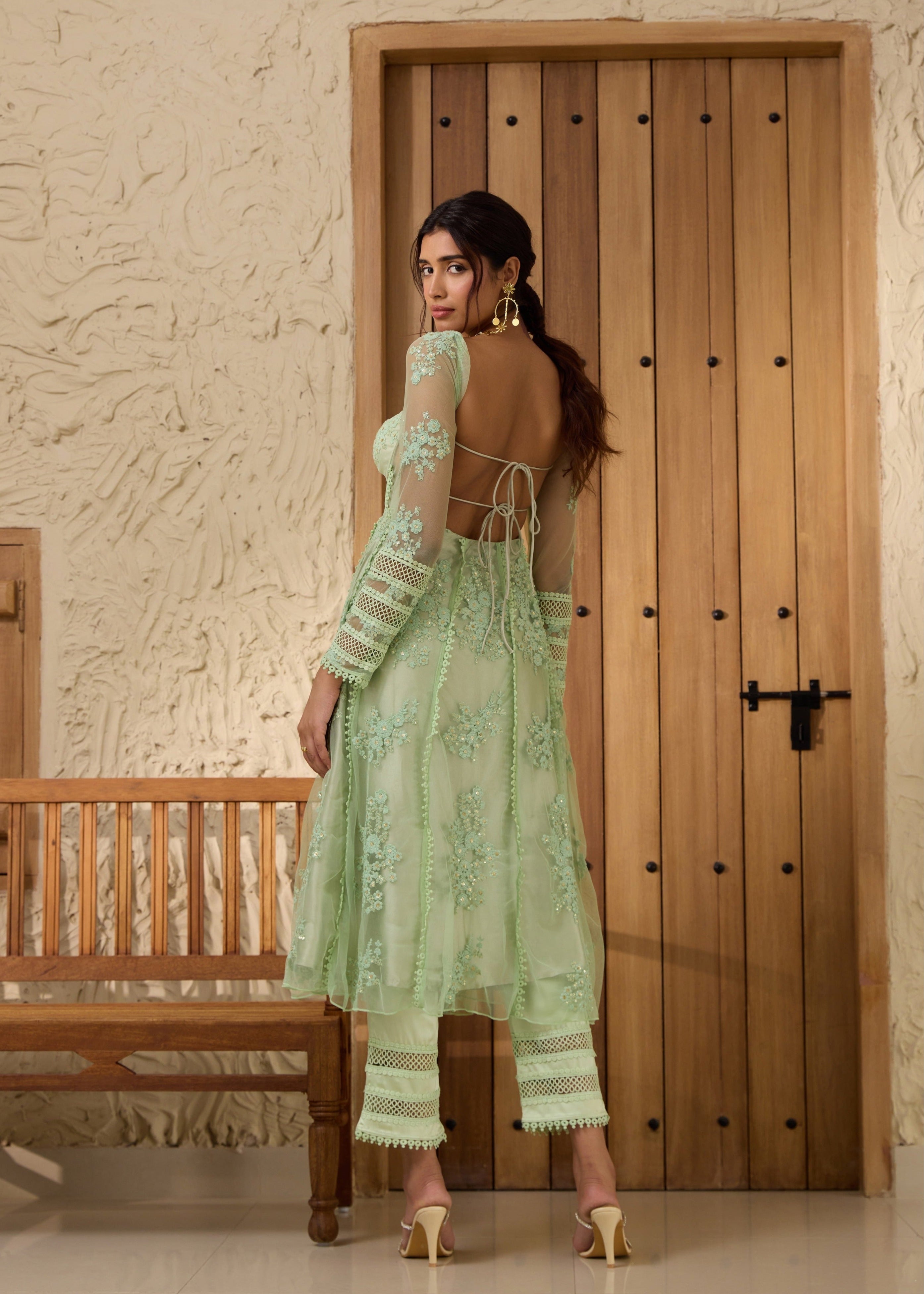 Fariha Green Embroidered Corset Anarkali Suit Set featuring detailed embroidery and a flowing Anarkali silhouette