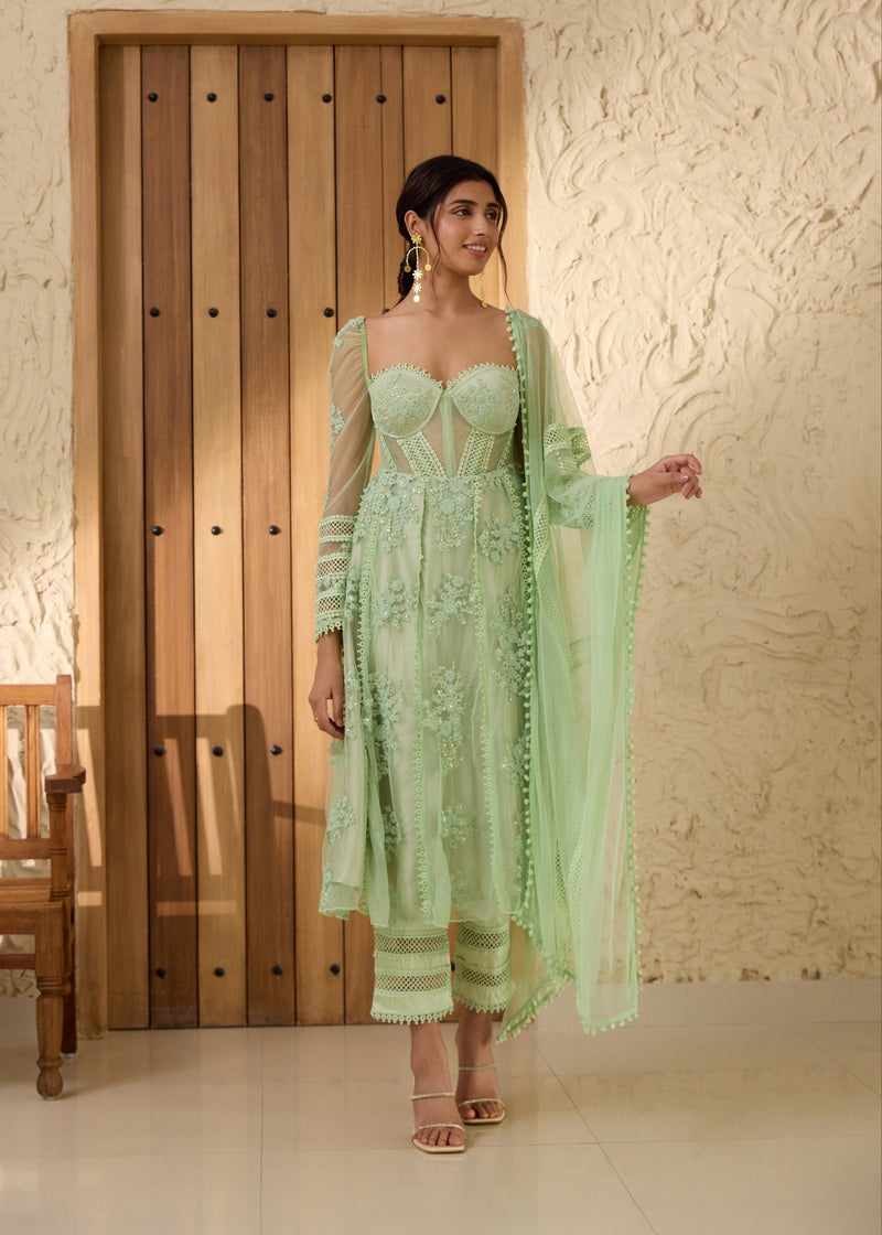 slim fit dress slacks Fariha Green Embroidered Corset Anarkali Suit Set – Lea Clothing Co