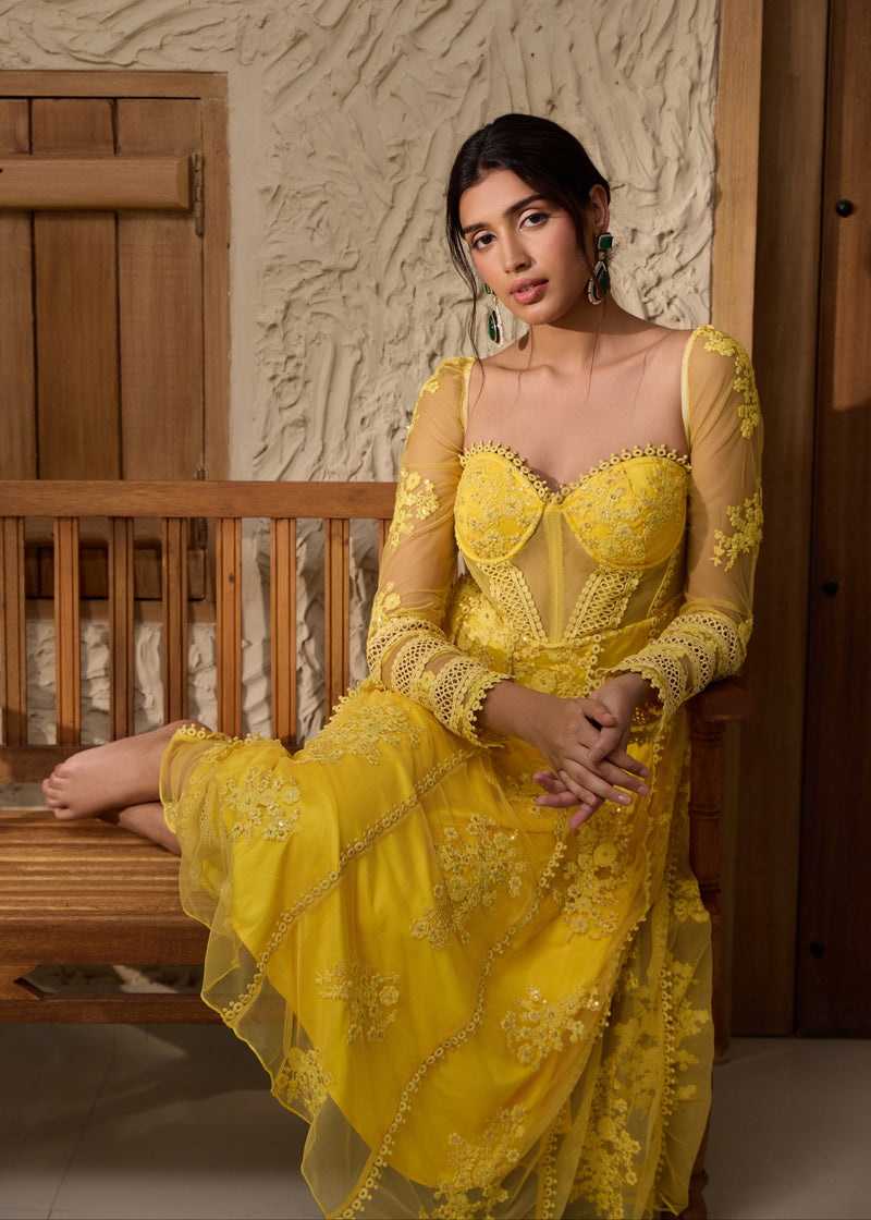lace anarkali dress Fariha Yellow Embroidered Corset Anarkali Suit Set – Lea Clothing Co