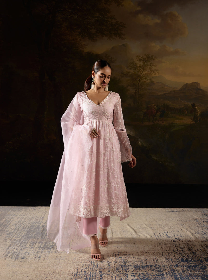 Fazeen Baby Pink Embroidered Organza Anarkali Kurta Set with intricate floral motifs and a flowing silhouette.