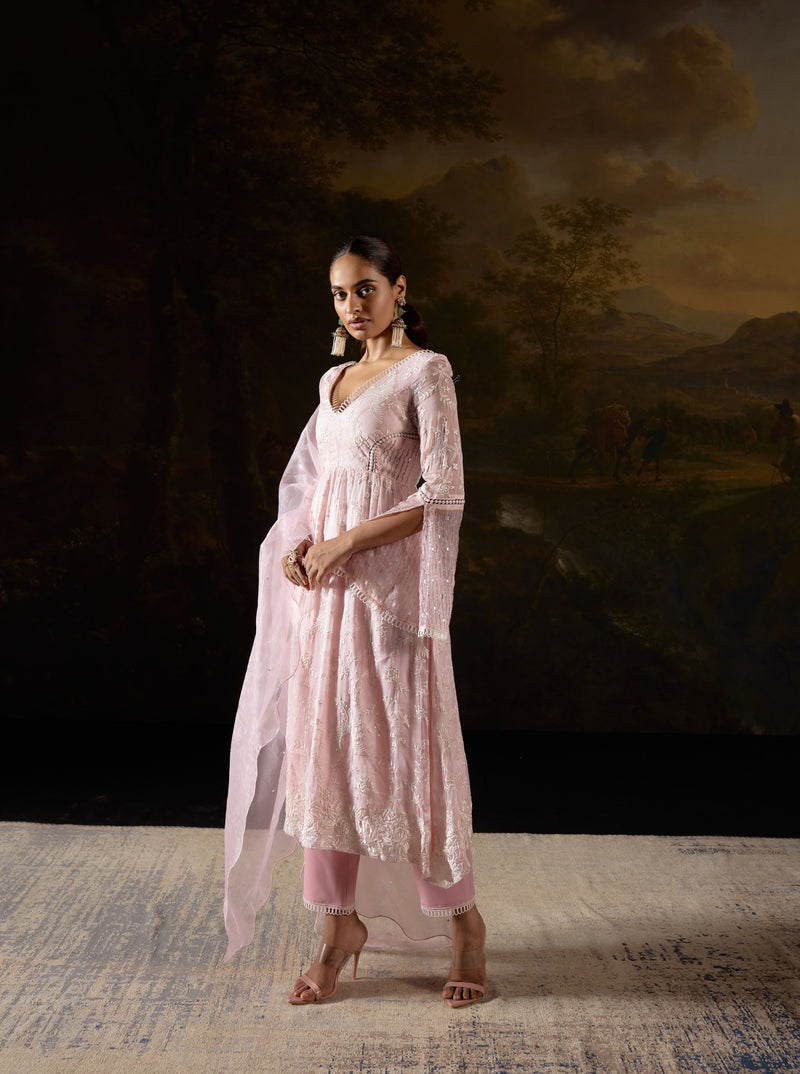 Fazeen Baby Pink Embroidered Organza Anarkali Kurta Set with intricate floral motifs and a flowing silhouette.