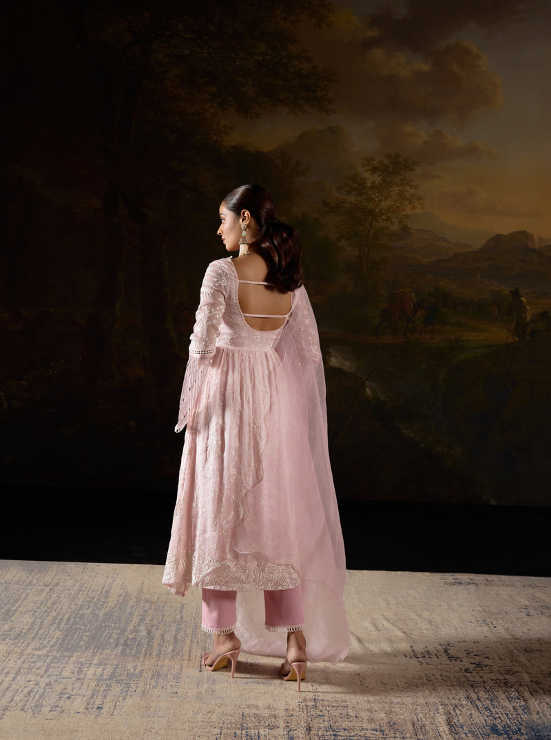 Fazeen Baby Pink Embroidered Organza Anarkali Kurta Set with intricate floral motifs and a flowing silhouette.