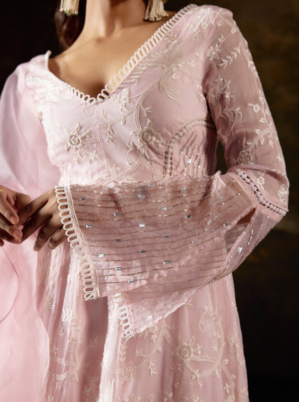 Fazeen Baby Pink Embroidered Organza Anarkali Kurta Set with intricate floral motifs and a flowing silhouette.