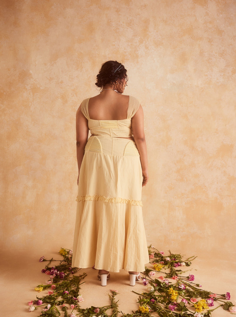 Finola Yellow Corset Top & Skirt featuring a coordinated set with a structured top and matching skirt