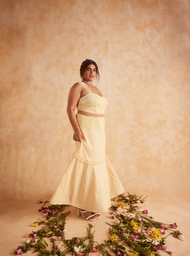 Finola Yellow Corset Top & Skirt featuring a coordinated set with a structured top and matching skirt