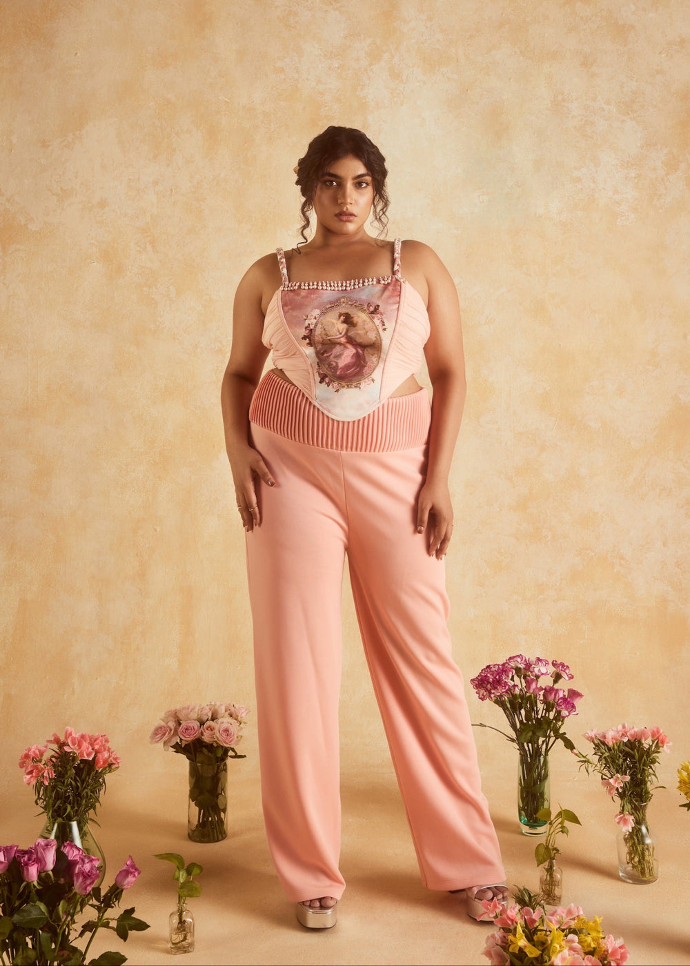 Galina Pink Vintage Print Corset Top & Heart-Cutout Pants, showcasing a whimsical vintage-inspired design with romantic details.