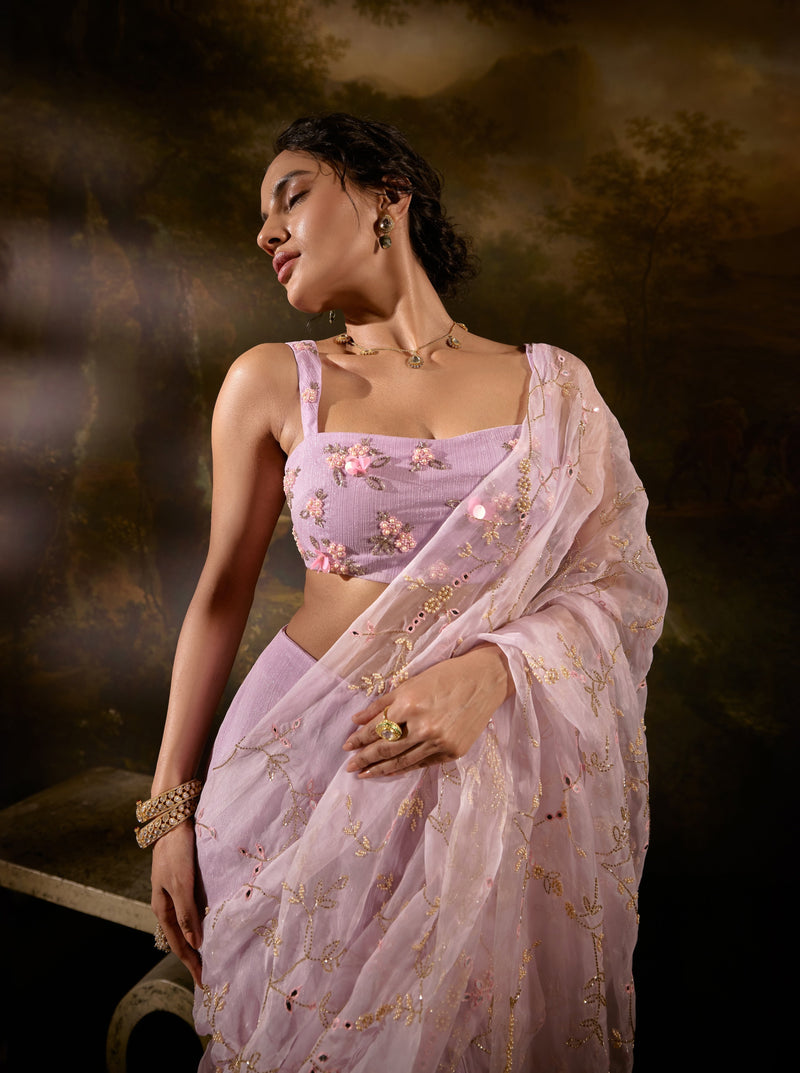 "Heer Lavender Embroidered Pre-Draped Saree: Lavender saree with intricate embroidery, pre-draped for effortless elegance and charm."