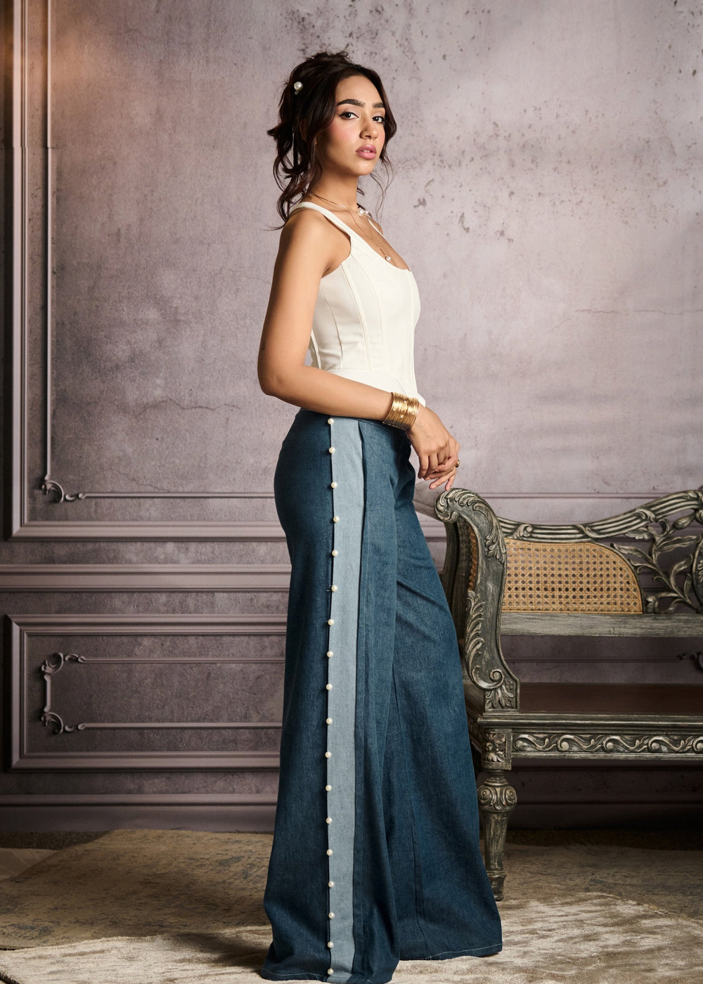 Hela Dual Tone Pearl Embroidered Low-Rise Jeans
