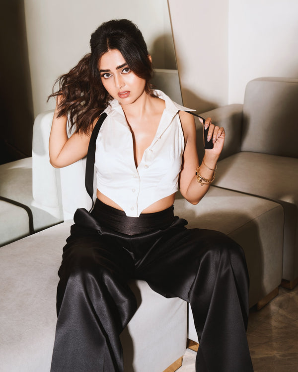 Maddie White Tuxedo Shirt with Open-Tie