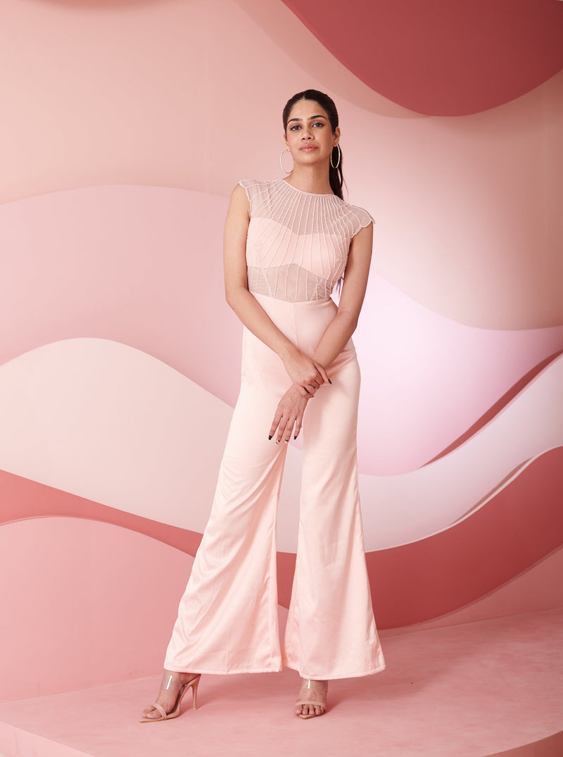 Ilona blush pink embroidered jumpsuit featuring intricate embroidery, perfect for an elegant and stylish appearance.