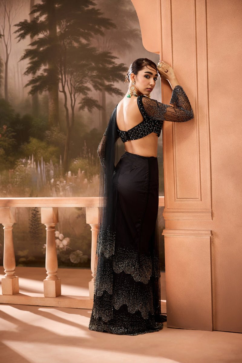 Imanat Black Embellished Pre-Draped Saree
