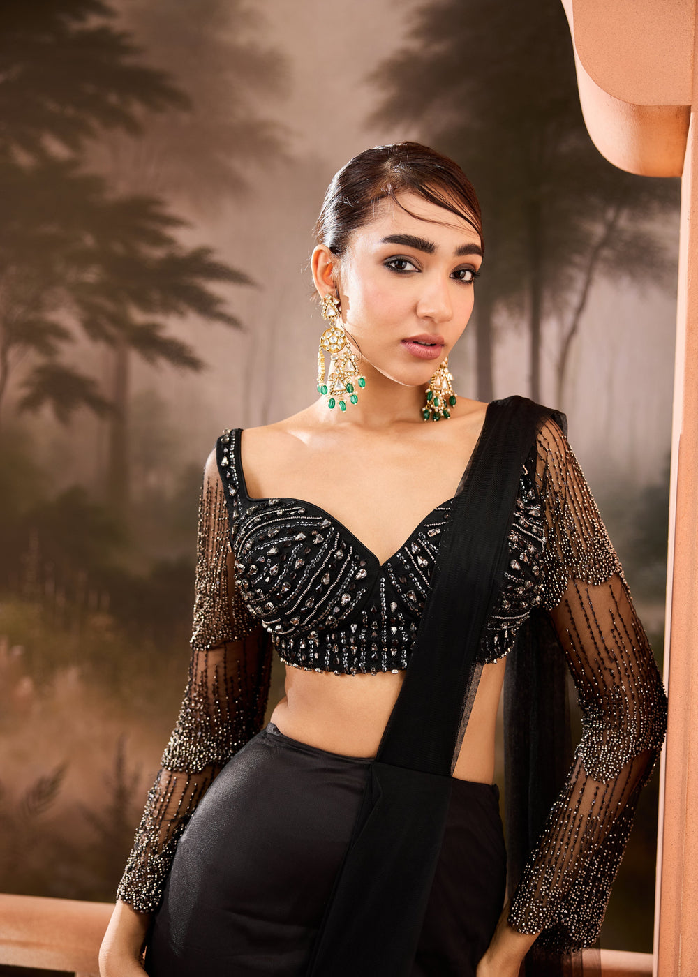 Imanat Black Embellished Pre-Draped Saree
