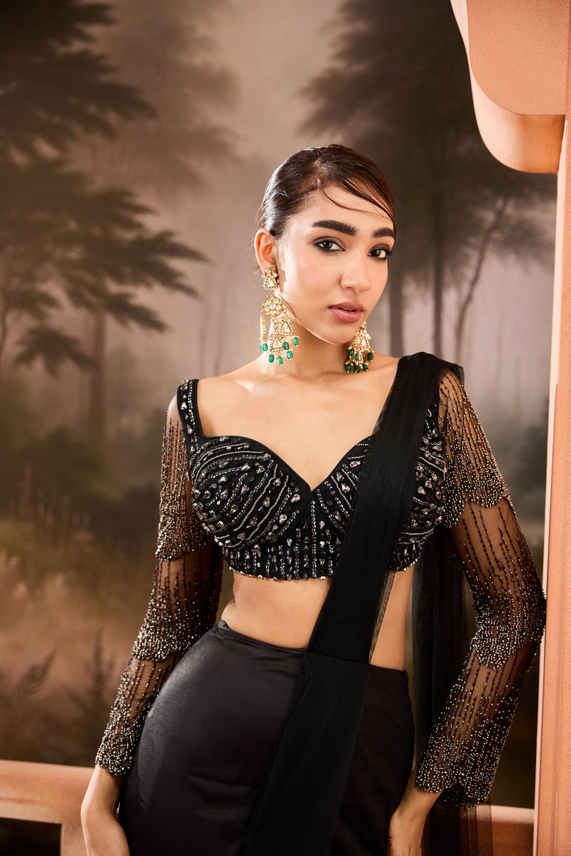 Imanat Black Embellished Pre-Draped Saree
