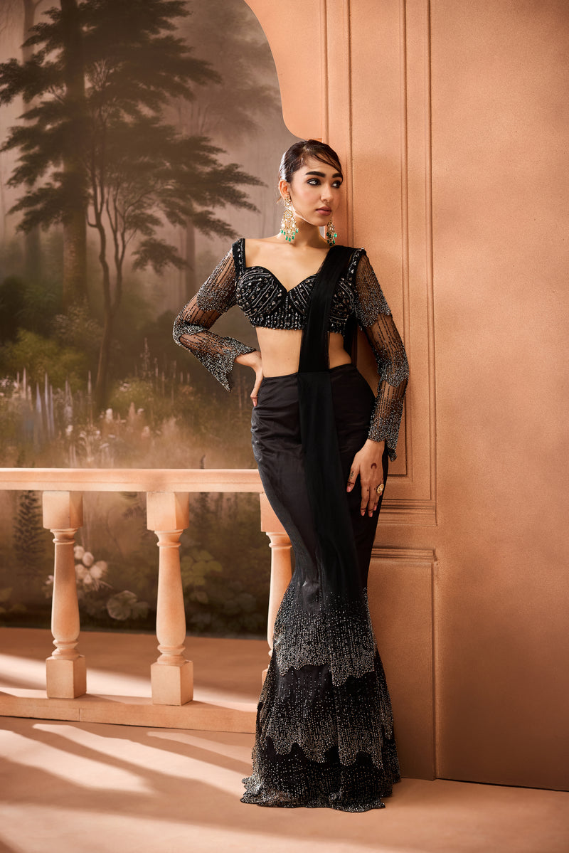 Imanat Black Embellished Pre-Draped Saree
