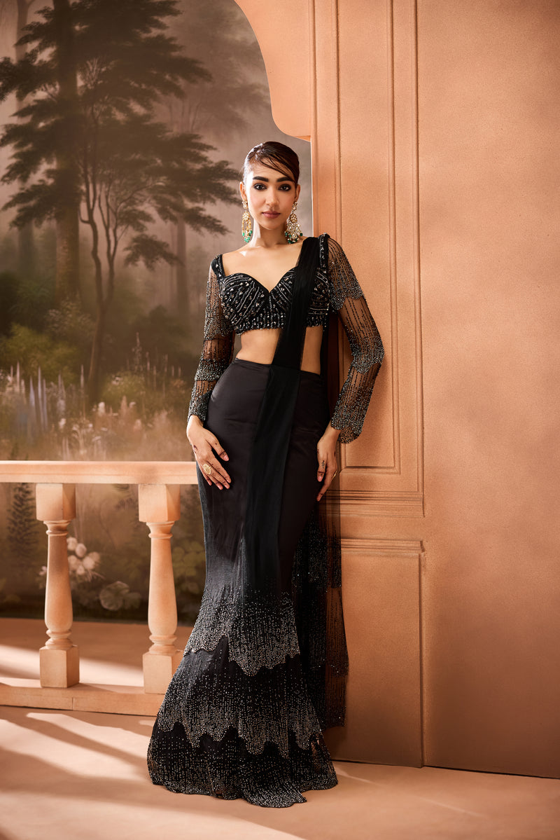 Imanat Black Embellished Pre-Draped Saree
