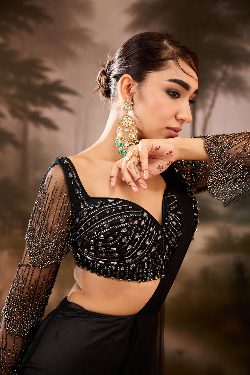 Imanat Black Embellished Pre-Draped Saree
