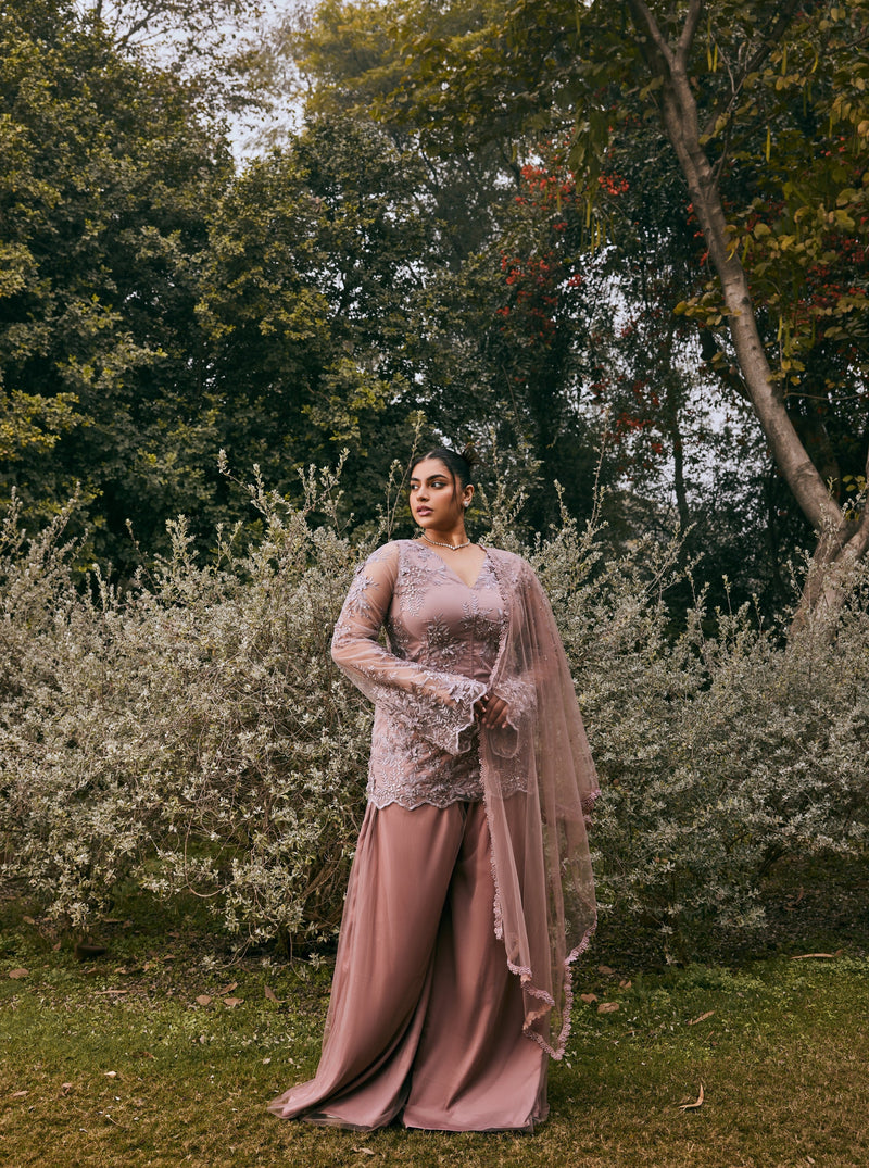 Inaaya Blush Pink Embroidered Sharara Set with beautiful blush pink embroidery and intricate detailing