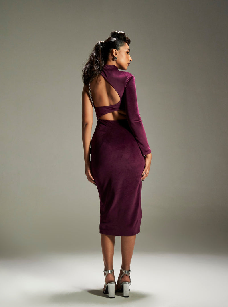 Isi Burgundy Velvet Cutout Midi Dress with rich velvet fabric and stylish cutout details