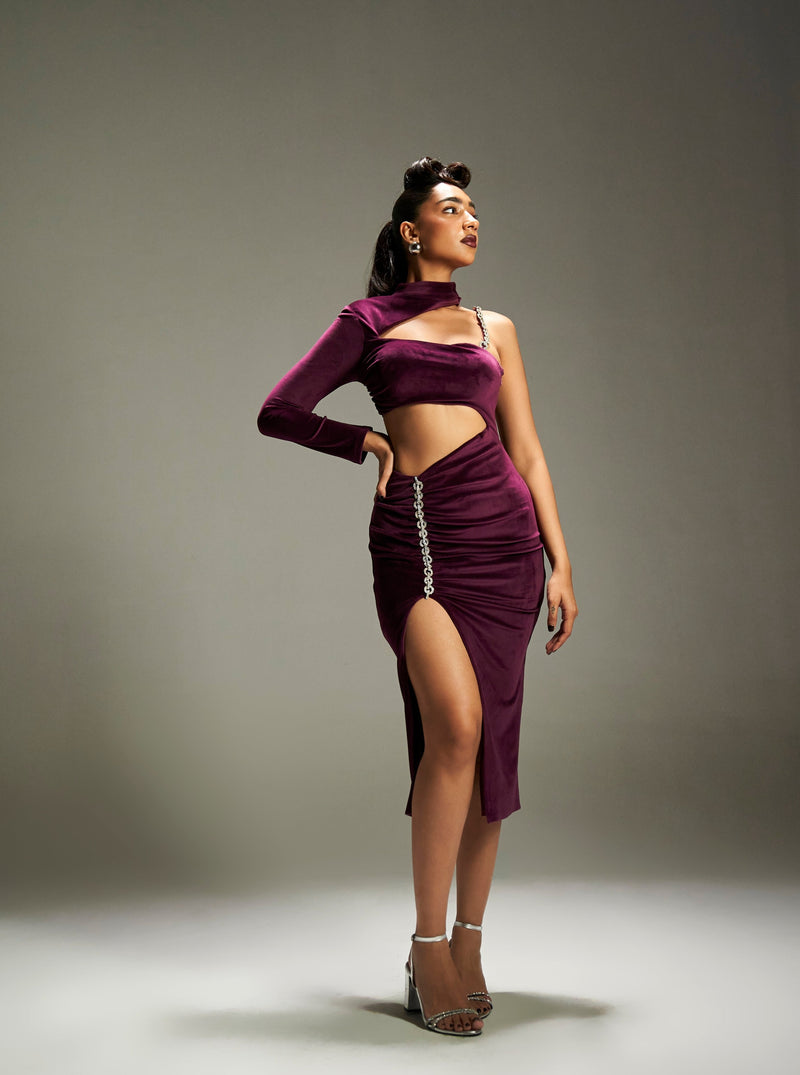 Isi Burgundy Velvet Cutout Midi Dress with rich velvet fabric and stylish cutout details