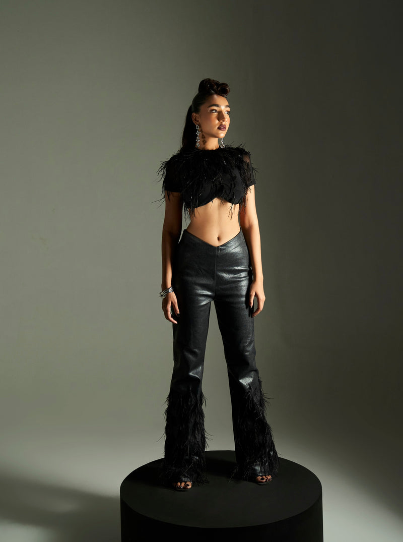 Isla Black Feather Embellished Crop Top & Pant Set featuring a feather-adorned crop top and matching pants