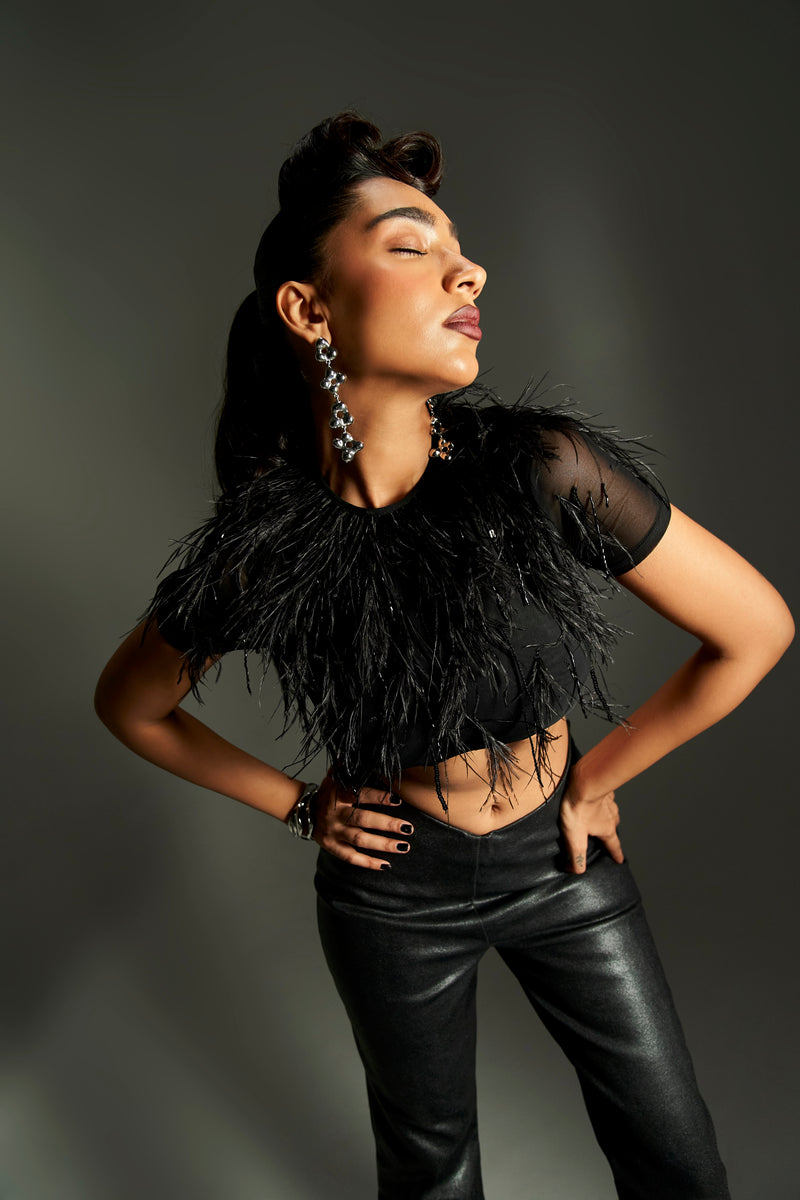 Isla Black Feather Embellished Crop Top & Pant Set featuring a feather-adorned crop top and matching pants