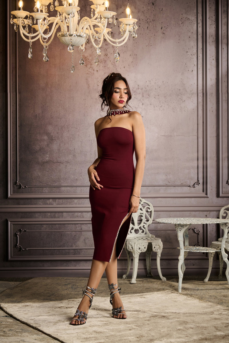 Janice Burgundy Embellished Mock Neck Midi Dress
